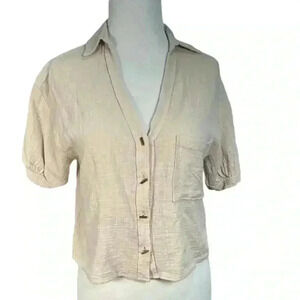 KIRIOUS Tan V-Neck Gauzy 100% Cotton Gold Button Front Cropped Shirt